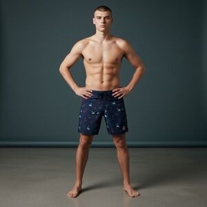 Travis Mathew Mens Swim Trunks Navy Blue Statue of Liberty Fireworks Print Sz 36